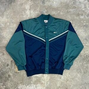 Vintage 90s Nike Mesh Jacket Size Medium Green Navy Blue Button Up Jersey Style